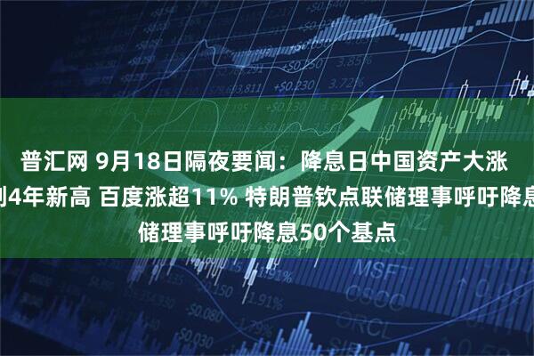 普汇网 9月18日隔夜要闻：降息日中国资产大涨 阿里股价创4年新高 百度涨超11% 特朗普钦点联储理事呼吁降息50个基点